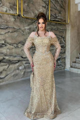 Charming Champagne Mermaid Off-The-Shoulder Spaghetti Strap Long Sleeves Sequined Long Tulle Evening Dress With Pearls