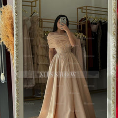 Charming Champagne Off-The-Shoulder Sleeveless A-Line Formal Dress with Beadings