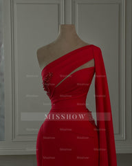 Charming Column Chiffon One Shoulder Long Sleeve Red Prom Dresses With Rhinestone