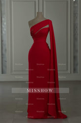 Charming Column Chiffon One Shoulder Long Sleeve Red Prom Dresses With Rhinestone