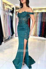 Charming Column Lace Off-The-Shoulder Sleeveless Prom Evening Dresses With Appliques Ruffles Split
