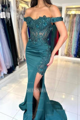 Charming Column Lace Off-The-Shoulder Sleeveless Prom Evening Dresses With Appliques Ruffles Split