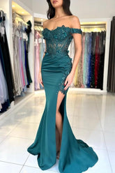 Charming Column Lace Off-The-Shoulder Sleeveless Prom Evening Dresses With Appliques Ruffles Split