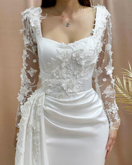 Charming Column Off-the-shoulder Long Sleeve Appliques Satin Lace Wedding Dresses