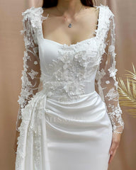 Charming Column Off-the-shoulder Long Sleeve Appliques Satin Lace Wedding Dresses