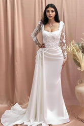 Charming Column Off-the-shoulder Long Sleeve Appliques Satin Lace Wedding Dresses
