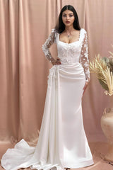 Charming Column Off-the-shoulder Long Sleeve Appliques Satin Lace Wedding Dresses