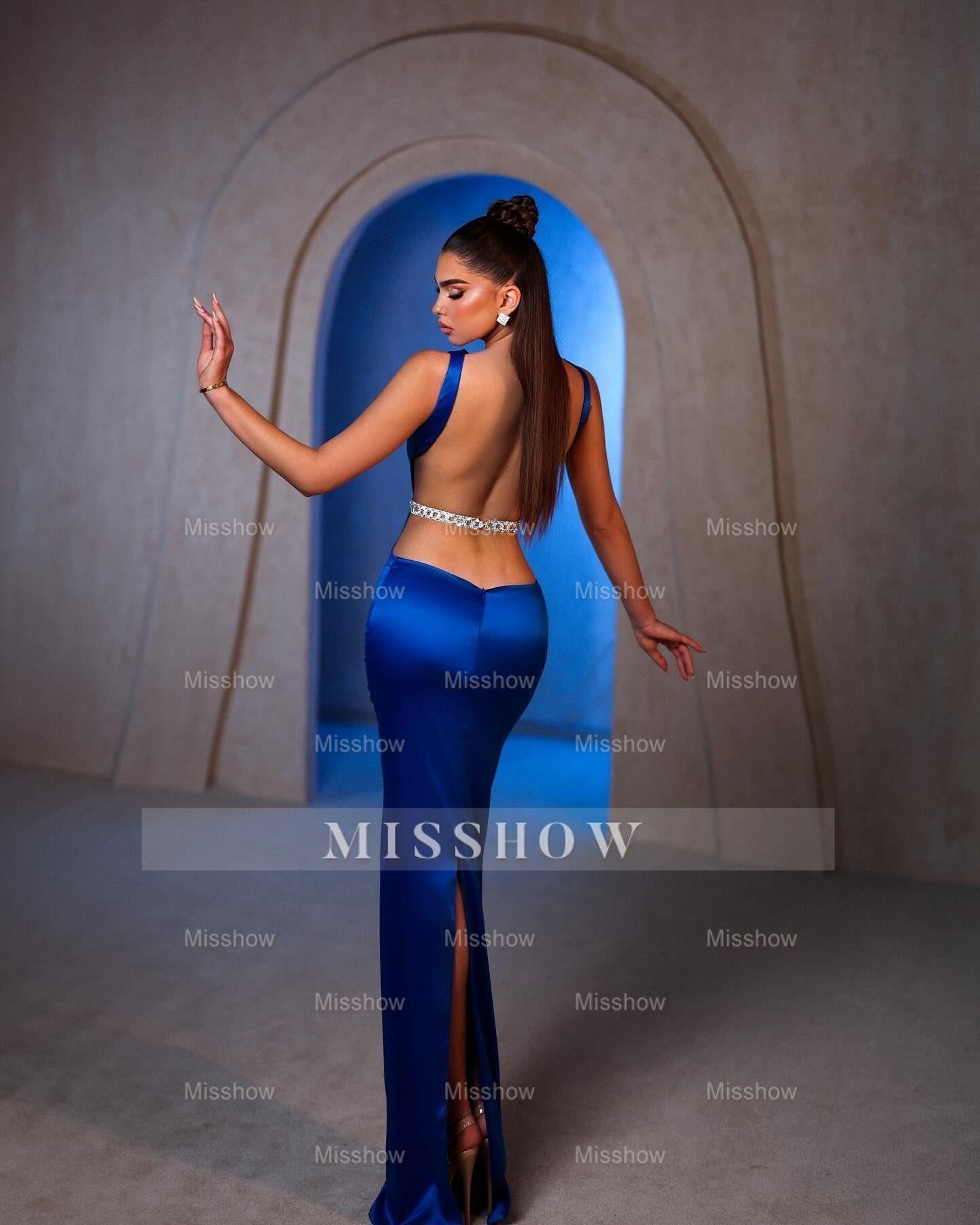 Charming Column Off-the-shoulder Sleeveless Satin Split Openback Blue Prom Dresses
