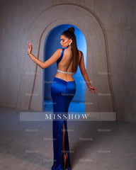 Charming Column Off-the-shoulder Sleeveless Satin Split Openback Blue Prom Dresses