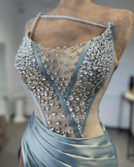 Charming Column One Shoulder Sleeveless Rhinestone Tulle Satin Split Front Prom Dress Beautiful Woman