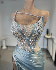 Charming Column One Shoulder Sleeveless Rhinestone Tulle Satin Split Front Prom Dress Beautiful Woman