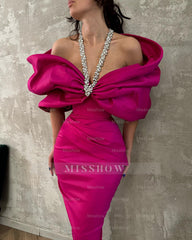 Charming Column Satin Halter Half Sleeve Pink Prom Dresses With Bow-Knot