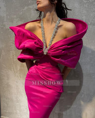 Charming Column Satin Halter Half Sleeve Pink Prom Dresses With Bow-Knot