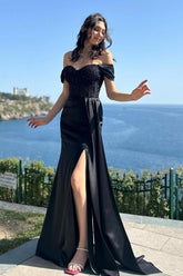 Charming Column Satin Lace Off-The-Shoulder Sleeveless Black Prom Evening Dresses With Split Front