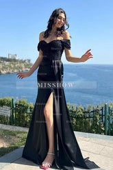 Charming Column Satin Lace Off-The-Shoulder Sleeveless Black Prom Evening Dresses With Split Front