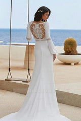 Charming Column Satin Long Sleeve White Wedding Dresses With Appliques