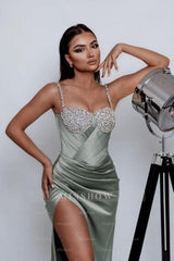 Charming Column Satin One Shoulder Sleeveless Green Prom Evening Dresses With Split Front