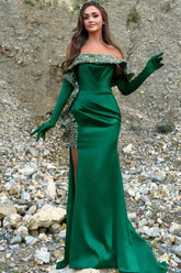 Charming Column Satin One Shoulder Sleeveless Green Prom Evening Dresses With Split Front