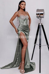 Charming Column Satin One Shoulder Sleeveless Green Prom Evening Dresses With Split Front