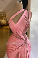 Charming Column Satin Sleeveless Pink Prom Evening Dresses With Ruffles
