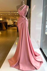 Charming Column Satin Sleeveless Pink Prom Evening Dresses With Ruffles