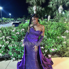 Charming Column Satin Sweetheart Sleeveless Purple Prom Dress With Sequined Train