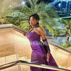 Charming Column Satin Sweetheart Sleeveless Purple Prom Dress With Sequined Train