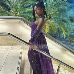 Charming Column Satin Sweetheart Sleeveless Purple Prom Dress With Sequined Train