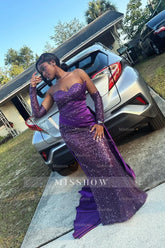 Charming Column Satin Sweetheart Sleeveless Purple Prom Dress With Sequined Train