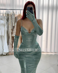 Charming Column Spaghetti Straps Half Sleeve Ruffles Satin Prom Dresses