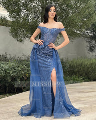 Charming Column Tulle Lace Off-The-Shoulder Sleeveless Blue Prom Dress With Split Front