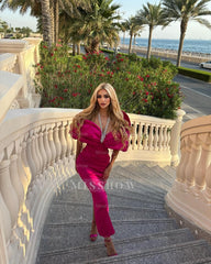 Charming Column V-neck Half Sleeve Ruffles Satin Prom Dresses Woman