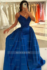 Charming Dark Blue V-Neck Spaghetti Strap A-Line Sleeveless Panel Train Satin Prom Evening Dresses With Handmake Flowers