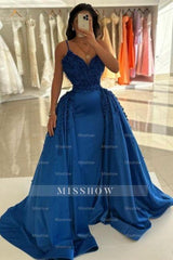 Charming Dark Blue V-Neck Spaghetti Strap A-Line Sleeveless Panel Train Satin Prom Evening Dresses With Handmake Flowers