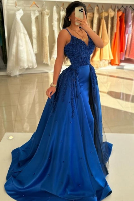 Charming Dark Blue V-Neck Spaghetti Strap A-Line Sleeveless Panel Train Satin Prom Evening Dresses With Handmake Flowers
