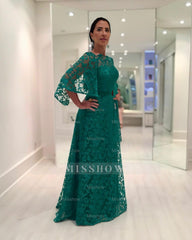 Charming Dark Green A-Line Mother of Bride Crew Cap Sleeves Long Lace Bridesmaid Dress