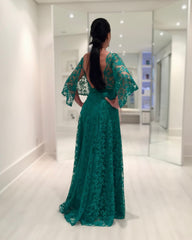 Charming Dark Green A-Line Mother of Bride Crew Cap Sleeves Long Lace Bridesmaid Dress