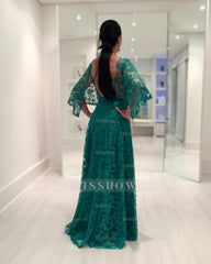 Charming Dark Green A-Line Mother of Bride Crew Cap Sleeves Long Lace Bridesmaid Dress