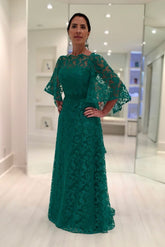 Charming Dark Green A-Line Mother of Bride Crew Cap Sleeves Long Lace Bridesmaid Dress