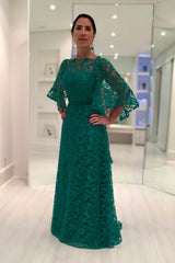 Charming Dark Green A-Line Mother of Bride Crew Cap Sleeves Long Lace Bridesmaid Dress