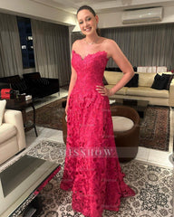 Charming Fuchsia A-Line Sweetheart Strapless Lace Sleeveless Lace Floor-Length Mother of the Bride Dresses