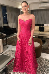 Charming Fuchsia A-Line Sweetheart Strapless Lace Sleeveless Lace Floor-Length Mother of the Bride Dresses