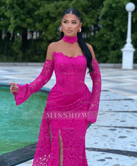 Charming Fuchsia Mermaid Strapless Long Sleeves Lace Ruffles Long Prom Dress With Slit