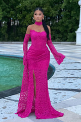 Charming Fuchsia Mermaid Strapless Long Sleeves Lace Ruffles Long Prom Dress With Slit