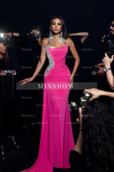 Charming Fuchsia Mermaid Strapless Sleeveless Sequined Long Evening Dresses