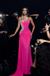 Charming Fuchsia Mermaid Strapless Sleeveless Sequined Long Evening Dresses
