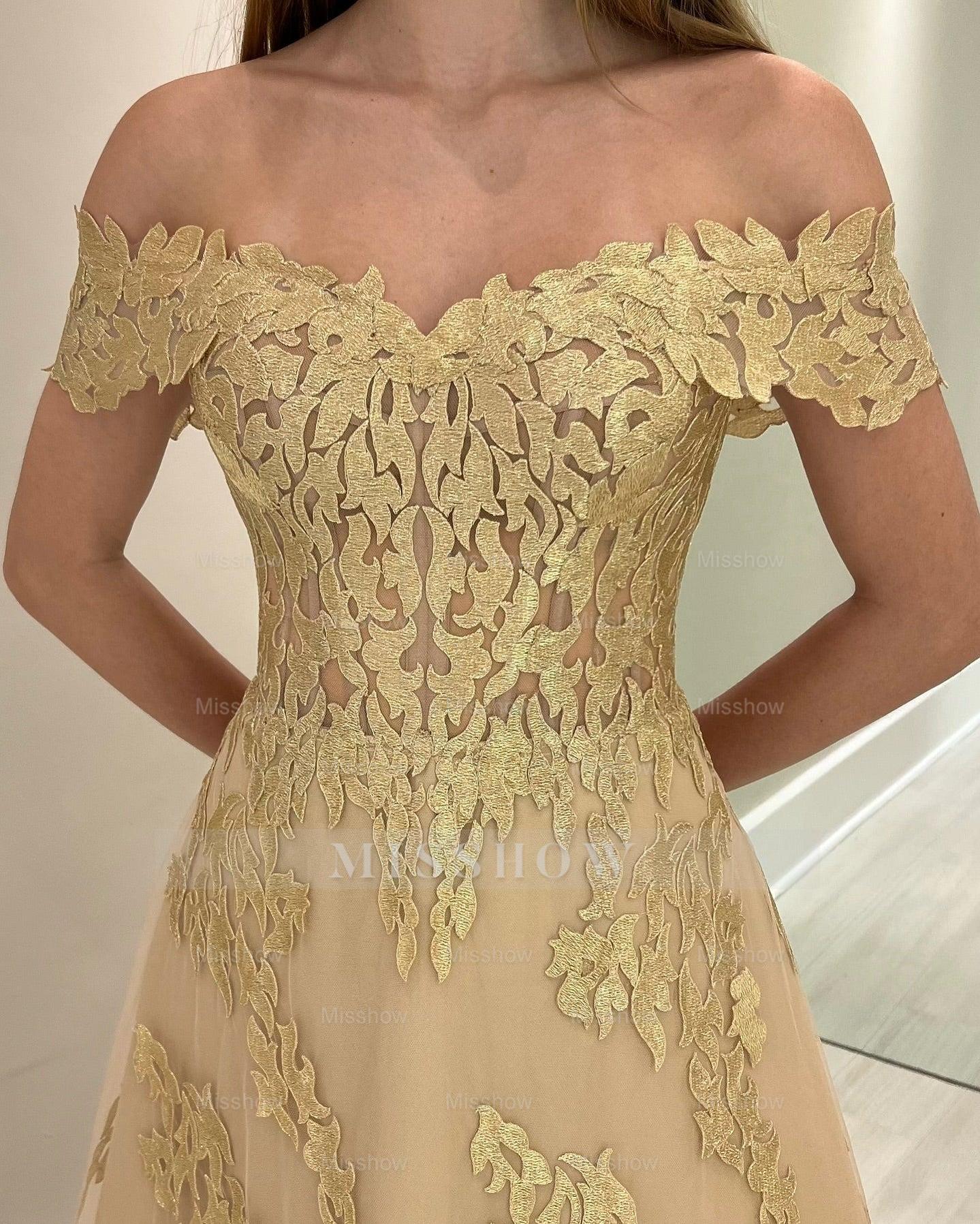 Charming Gold A-Line Off-The-Shoulder Floor-Length Tulle Bridesmaid Dresses With Appliques