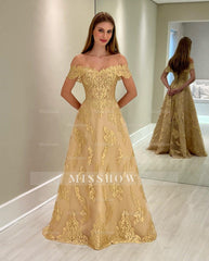 Charming Gold A-Line Off-The-Shoulder Floor-Length Tulle Bridesmaid Dresses With Appliques
