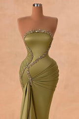 Charming Green Mermaid Strapless Beaded Column Sleeveless Satin Panel Train Ruffle Evening Dresses With Rhinestone
