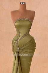 Charming Green Mermaid Strapless Beaded Column Sleeveless Satin Panel Train Ruffle Evening Dresses With Rhinestone